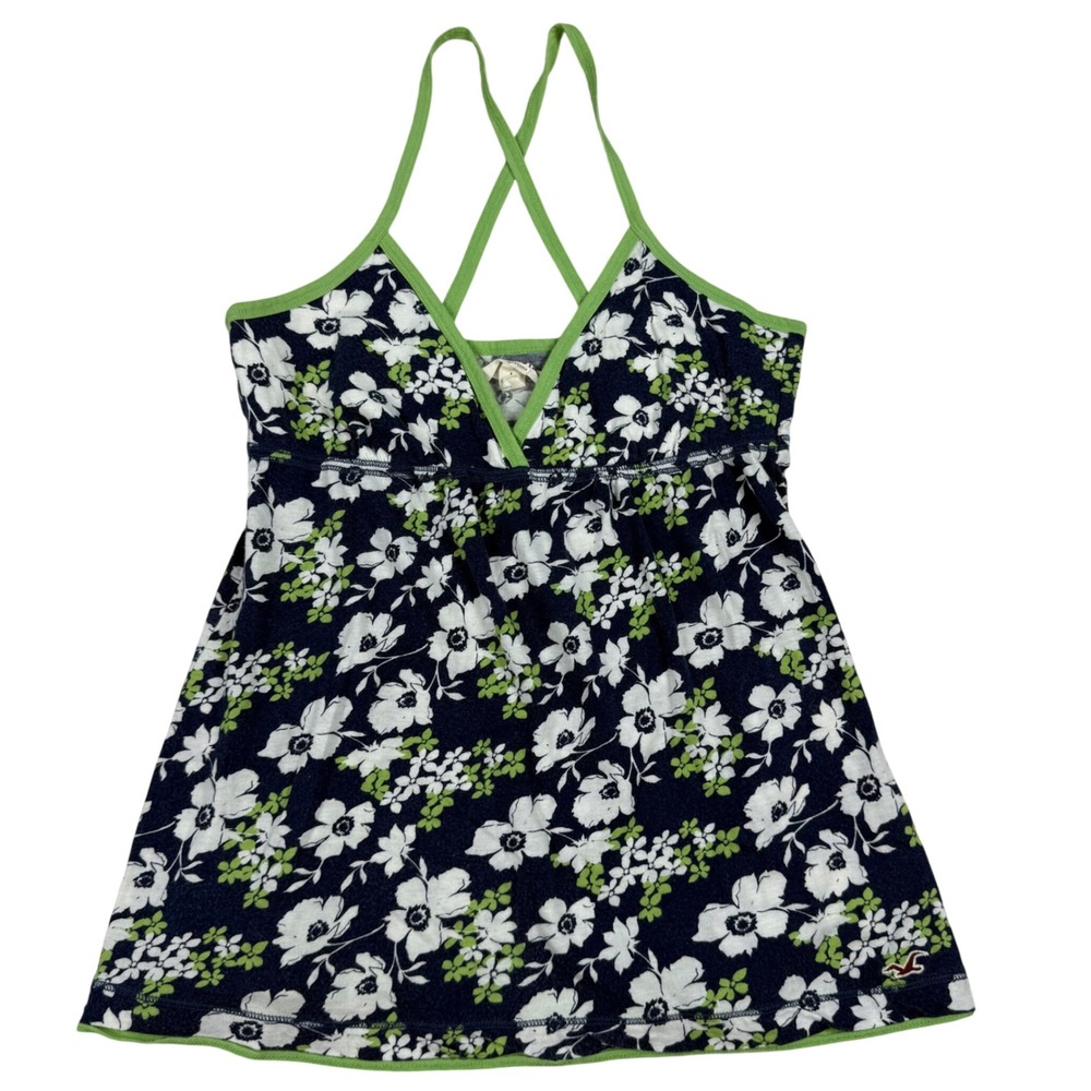 VTG Y2K Hollister Navy Floral Babydoll Cami Cross Back Tank Top Large Logo RARE